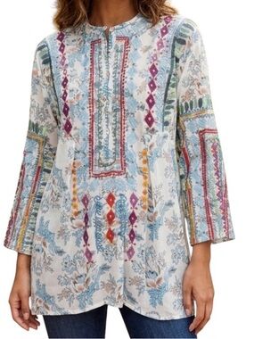 Johnny Was BYIA Isla Embroidered Floral Print Tunic Blouse Size M